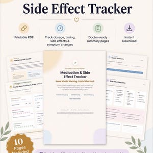 Scheda stampabile per il monitoraggio degli effetti collaterali dei farmaci, registro dei sintomi, diario del dosaggio, preparazione per appuntamenti medici, download digitale in PDF.