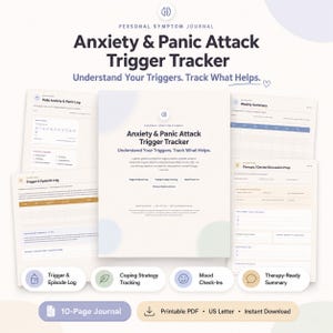 Tracker stampabile per ansia e attacchi di panico, registro dei fattori scatenanti in PDF, diario delle strategie di coping, controllo dell'umore, preparazione alla terapia