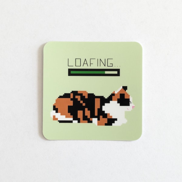 Cat loaf sticker: pixel art of a calico cat under a loading bar on a vinyl sticker with a matte finish, water-proof and weather-resistant