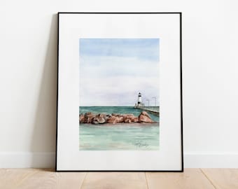 Duluth North Pier Watercolor Print: Lake Superior Lighthouse Giclee Art