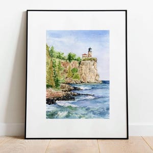 May include: Watercolor painting of a lighthouse on a cliff overlooking a blue ocean. The lighthouse is white with a red roof and a black lantern. The cliff is covered in green trees and bushes. The ocean is a light blue color with white waves.