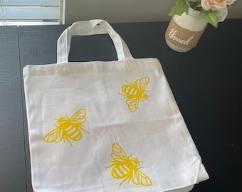 Bolsa de mano reutilizable 100 % algodón hecha a mano: bonito diseño de abeja amarilla (13,5" x 13,5" x 3,5")
