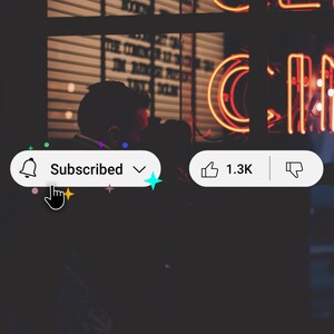 May include: A social media notification bar with a bell icon, the text "Subscribed", a downward arrow, and a hand pointing to the notification. The bar also shows a thumbs up icon with the text "1.3K" and a thumbs down icon.