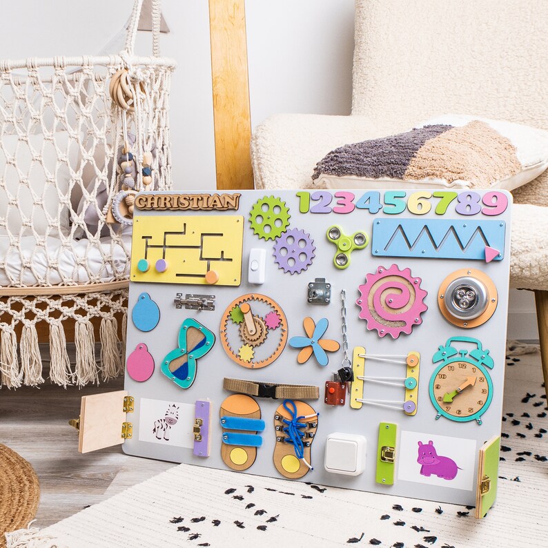 Montessori Busy Board With Custom Name, Sensory Toy for 1 2 3 Year Old