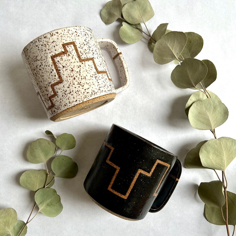 White geometric squiggle line handmade ceramic mug image 1