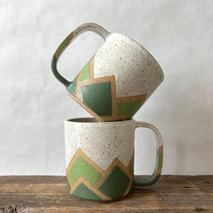 Green mountain mug / handmade ceramic mug with geometric design