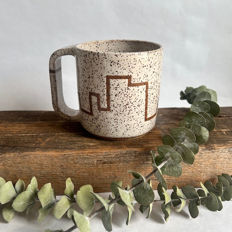 White geometric squiggle line handmade ceramic mug image 2