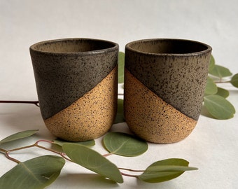 Handmade ceramic cup, gray asymmetric design