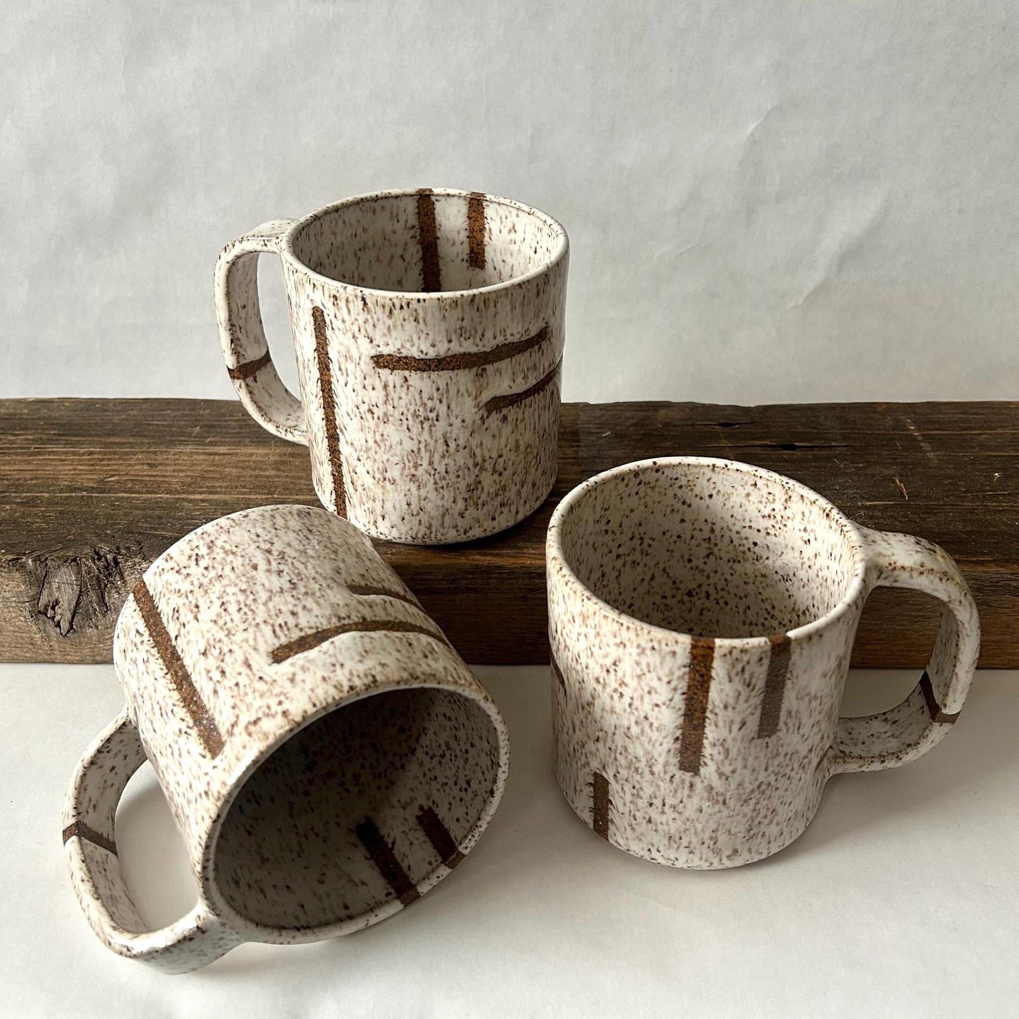 SECONDS SALE! White speckled handmade ceramic mug with abstract geometric lines