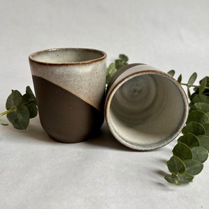 Handmade ceramic cup, cream and dark brown asymmetric design