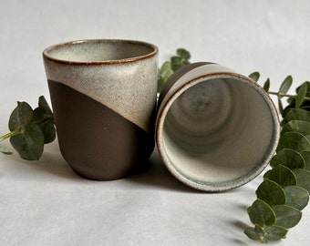 Handmade ceramic cup, cream and dark brown asymmetric design