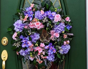 Spring Summer Wreath for Front Door, Porch Deck Patio Decor, Cottage Core, Farmhouse, Housewarming, Wedding, Mothers Day Gift, Purple & Pink