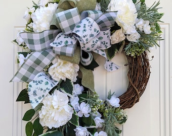 Spring and Summer Wreath For Front Door, Porch Deck Patio, Cottage Core, Farmhouse Decor, Housewarming Gift, Wedding, Shower, Gift for Mom