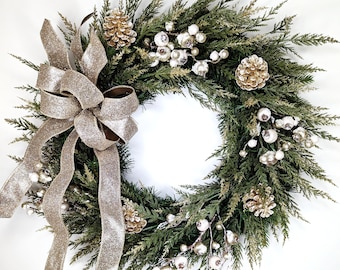 22 inch Wreath, Winter Wreath, Wreath With Pinecones and White Berries, Door Decor, Wall Decor