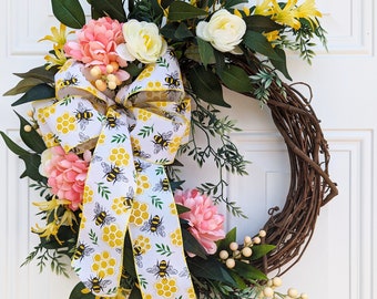 Spring and Summer Wreath for Front Door, Front Porch Decor, Cottage Core, Farmhouse, Yellow and Peach Flowers With Bow, Housewarming Gift