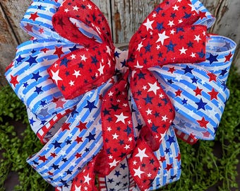 Red White and Blue Bow, Patriotic Bow for Wreath, American Flag Bow,  4th of July, Memorial Day, Large Summer Bow for Wreath, Special Orders