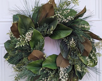 Magnolia Wreath, Large Winter Wreath for Front Door, All Season Wreath, Farmhouse Decor,  Housewarming Gift, Cottagecore, Modern Home Decor