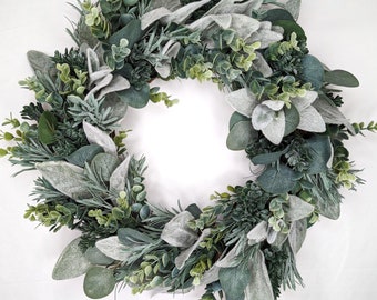 Eucalyptus and Lamb's Ear Wreath, Winter Wreath for Front Door, Farmhouse, Cottagecore Decor, Greenery Wreath, Boho,  Housewarming Gift