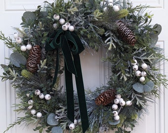 Winter Wreath for Front Door, Greenery Wreath with Green Ribbon, Housewarming Gift, Wreath With Berries and Pinecones, Farmhouse Decor