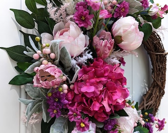 Spring Summer Wreath for Front Door, Pink Peony and Hydrangea Farmhouse Wreath, Modern Home Decor, Romantic Cottagecore,  Housewarming Gift