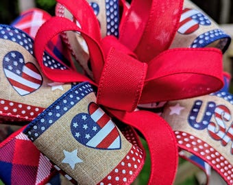 Red White and Blue Bow, Patriotic Bow for Wreath, American Flag Bow,  4th of July, Memorial Day, Large Summer Bow for Wreath, Special Orders