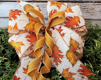 Large Fall Bow, Maple Leaf Ribbon Bow, Autumn Wreath Bow, Fall Bow for Lantern or Mantel, Autumn Glitter Bow, Fall Decor for Entryway Door