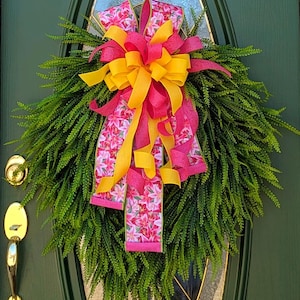 Large Bead Grass Greenery Wreath for Front Door, Pink Wreath Bow, Farmhouse, Modern Home Decor, Cottagecore, Housewarming Gift, Gift for Mom