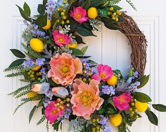 Spring and Summer Wreath, Front Door-Porch-Deck-Patio Wreath, Cottage Core, Farmhouse, Housewarming Gift, Wedding, Shower, Gift for Mom-Wife