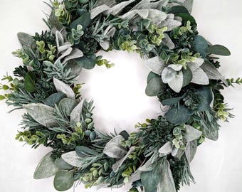 Greenery Wreath For Front Door, Everyday Wreath, Farmhouse, Modern Home Decor, Winter Wreath, Housewarming Gift, Lambs Ear and Eucalyptus