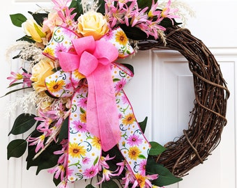 Spring and Summer Wreath for Front Door, Front Porch Decor, Cottage Core, Farmhouse, Yellow and Pink Flowers With Bow, Housewarming Gift