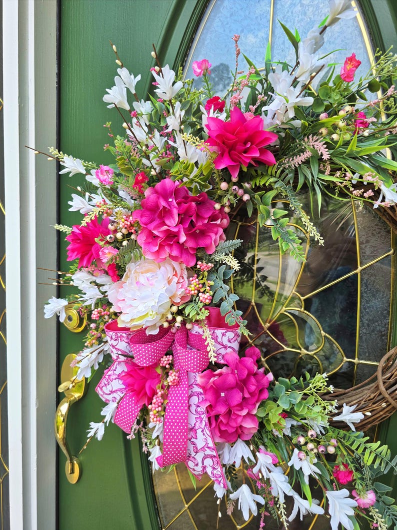 Front Door Wreath With Pink Hydrangeas and Dahlias, Pink and White ...