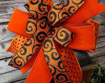 Large Fall Orange Velvet Autumn Wreath Bow, Autumn Lantern or Mantel Bow, Orange and Black Glitter Bow, Fall Decor for Entryway Door