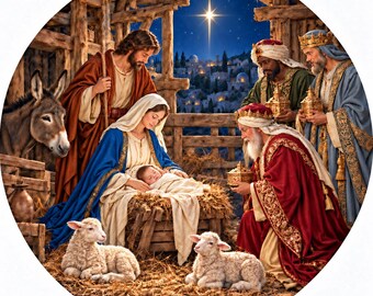 Nativity Wreath Sign, Baby Jesus Christmas Decor, Holy Family and Wise Men, Round UV Printed Sign, Religious Christmas Wreath Attachment