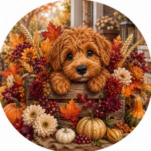 May include: A fluffy golden-brown puppy resting inside a rustic wooden crate surrounded by autumn decor, including orange pumpkins, white gourds, deep red and yellow maple leaves, wheat stalks, and vibrant burgundy and cream-colored chrysanthemums.