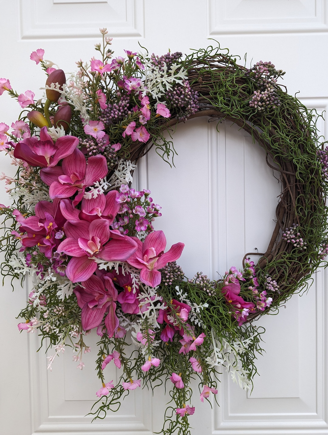 Spring and Summer Wreath for Front Door, Housewarming Gift, Pink Orchid ...