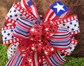 Red White and Blue Patriotic Bow for Wreath, American Flag Bow,  4th of July, Memorial Day, Large Summer Bow for Wreath, Lantern Bow