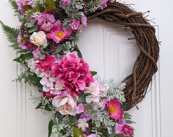 Spring and Summer Wreath for Front Door, Wedding Wreath, Cottage Core, Farmhouse Decor, Housewarming Gift, Porch-Patio, Gift for Mom or Wife