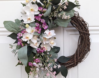 Small Spring and Summer Wreath For Front Door, White Orchids and Pink Florals, Cottagecore, Farmhouse Decor,  Housewarming,  Gift For Mom