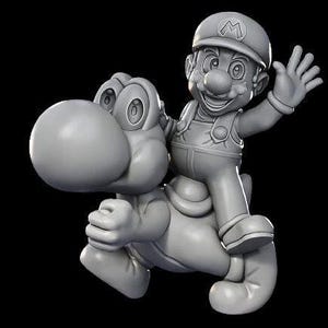 May include: A gray figurine of Mario riding a gray Yoshi. Mario is wearing a red and blue outfit with a cap that has an 'M' on it. Yoshi has a large, round nose and a long tail.