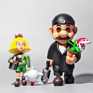 Puede incluir: Un conjunto de cuatro figuras, que incluye un personaje femenino con cabello rubio y una corona, un personaje masculino con un sombrero negro y gafas de sol, una planta verde con una flor roja y un personaje blanco y azul con un ala.