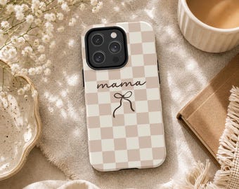 Mobilskal med rosett för mamma | Brun gingham-design för mamma