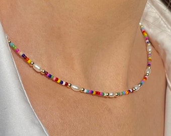 Colorful Freshwater Pearl Beaded Necklace, Beaded Necklace, Pearl Necklace, Seed Bead Jewelry, Gifts for Her/Him, Beaded Choker