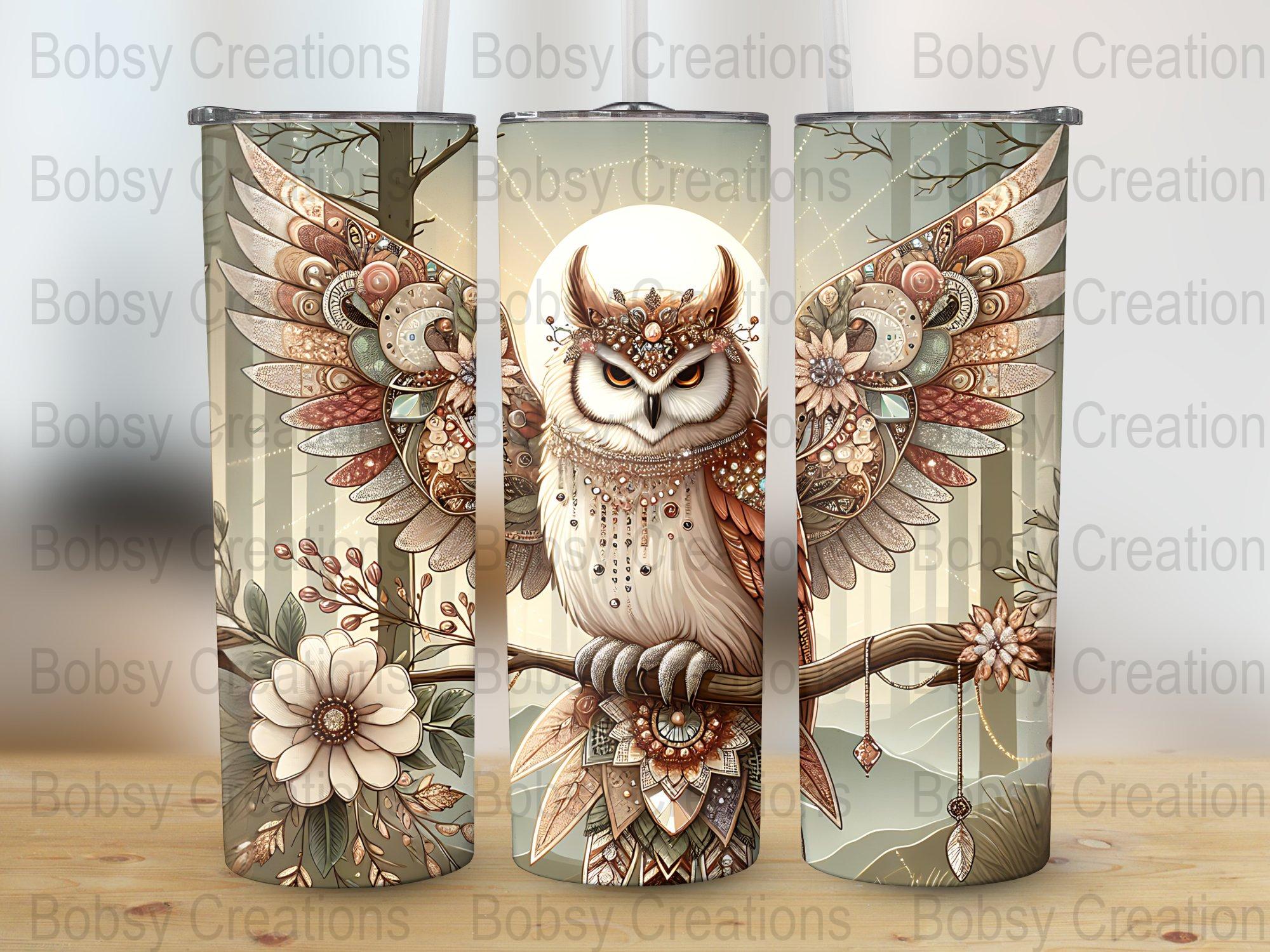 Celestial Owl Seamless Tumbler Wrap, Boho Floral Owl PNG, 20oz Skinny Tumbler Sublimation Design, In