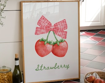 Lint aardbei print, eetkamer decor, flirt aardbei kunst aan de muur, esthetische girly keuken kunst aan de muur, Grandmillenial print DIGITALE KUNST