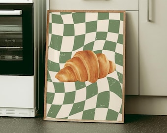 Retro Croissant, Kunstdruck, süße Küche Wandkunst, trendiges Wohndekor, Foodie Art, süße Kochdrucke, Funky Food Art, DIGITALER DOWNLOAD