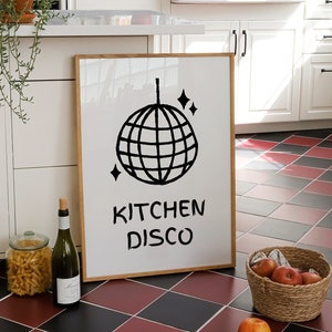 Arte de pared con diseño de discoteca para la cocina, arte estético para la pared de la cocina, impresión retro con bola de discoteca, impresiones divertidas para la cocina, esta cocina es para bailar, ARTE DIGITAL