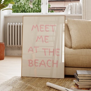 Meet Me at the Beach Print, Trendy Coastal Wall Art, Pink Coastal Poster, Beach House Decor, Ocean Wall Art, Girly Print Digital Download