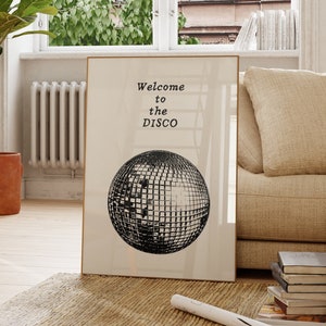 Welcome to the disco print, vintage poster discobal, esthetische muurkunst, minimalistische print, dansdecor, retro discokunst, preppy muurkunst