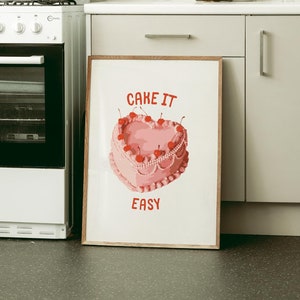 Cake It Easy Print, plakat z tortem retro, modny wydruk kuchenny, wydruk artystyczny z deserem, drukowana sztuka ścienna do kuchni, odjechana sztuka kulinarna, cyfrowe pobieranie