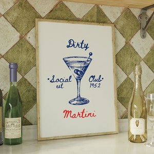 Dirty Martini Social Club, martiniprints, handgetekende cocktailposter, prints retro barwagen, trendy cocktails muurkunst DIGITALE DOWNLOAD